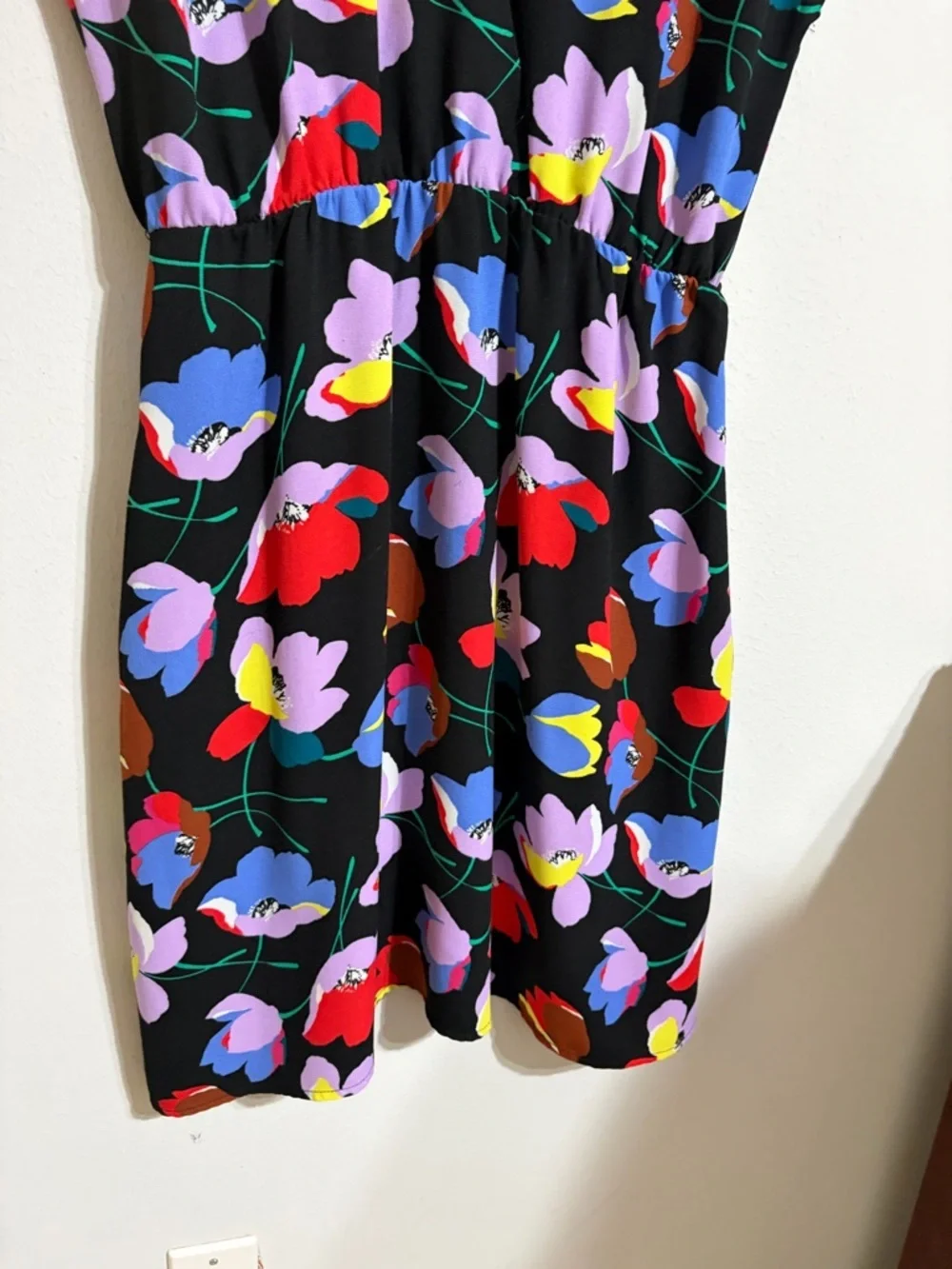 Halogen Bold Floral Motif V-Neck Elastic Waist Dress Black Cottagecore Size M